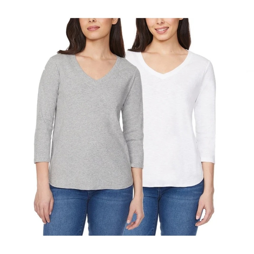 Kirkland Signature Women's 3/4 Sleeve V- Neck Slub Tee 2pk, White / Gray, Medium